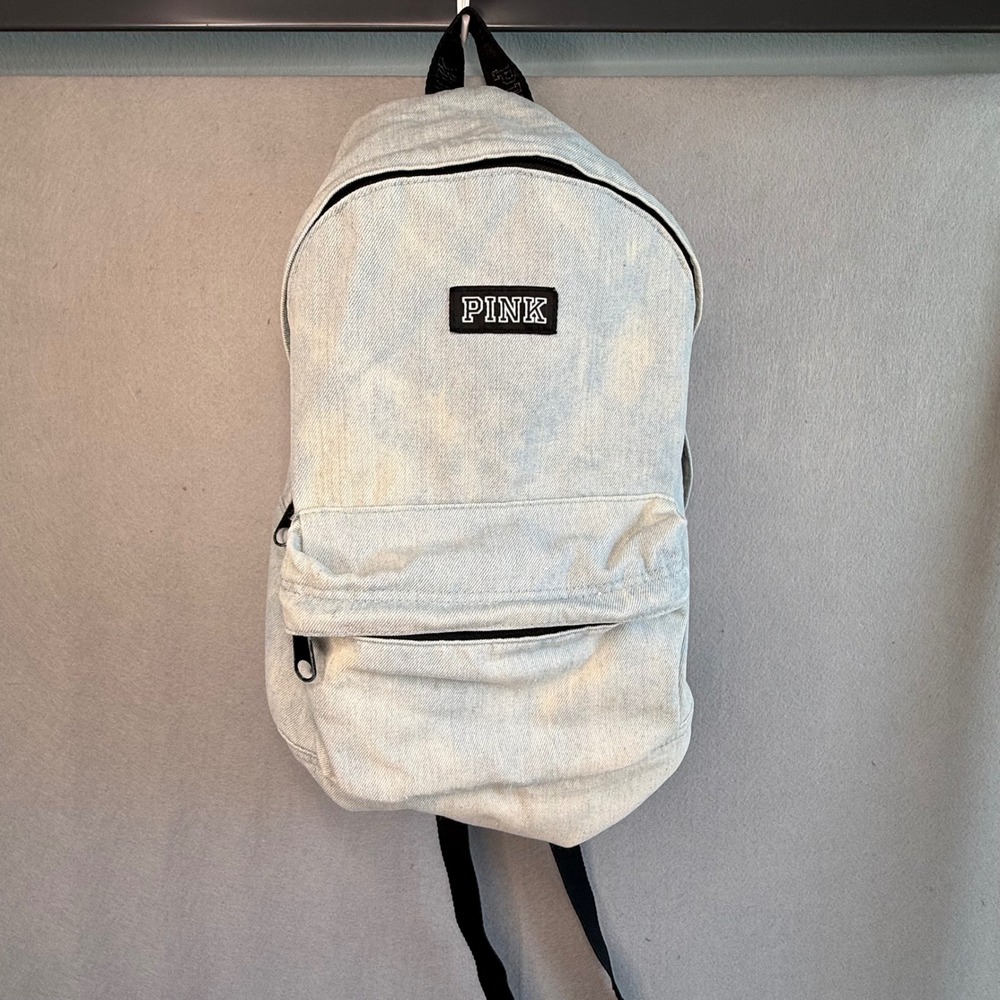PINK Victoria's Secret Light Wash Denim Backpack Acid Wash Branded Straps Logo